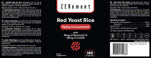 Levadura Roja de Arroz concentrada con 10mg de Monacolina K y 30mg de Coenzima Q10, 180 Cápsulas | Controla los niveles de colesterol sanguíneo | 100% Vegano, libre de citritina y aditivos, sin gluten