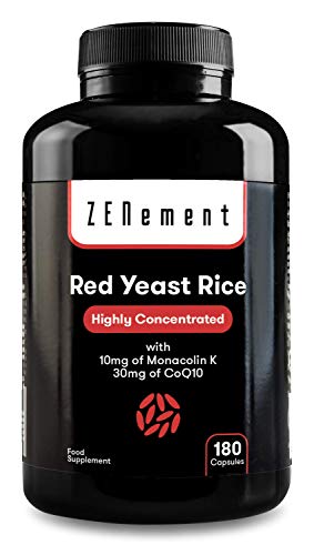 Levadura Roja de Arroz concentrada con 10mg de Monacolina K y 30mg de Coenzima Q10, 180 Cápsulas | Controla los niveles de colesterol sanguíneo | 100% Vegano, libre de citritina y aditivos, sin gluten