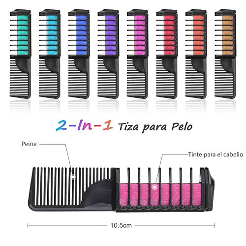 Lictin Tiza para Pelo- 8 Colores Temporal del Pelo con 2 Pares de Guantes Desechables y 2 Chales Desechables, Peine de Tiza de Pelo para Niñas