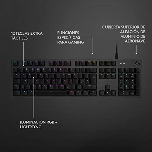 Logitech G512 Teclado Gaming Mecánico, RGB LIGHTSYNC, Teclas retroiluminadas, GX-Táctil Marrón, Aleación de Aluminio, Teclas F Personalizables, Paso de USB, Disposición QWERTY ES - Carbón/Negro