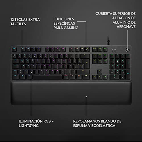 Logitech G513 Teclado Gaming Mecánico con Reposamanos, RGB LIGHTSYNC, Teclas GX-Táctil Marrón, Aleación de Aluminio, Teclas F Personalizables, Paso de USB, Disposición QWERTY ES - Carbón/Negro