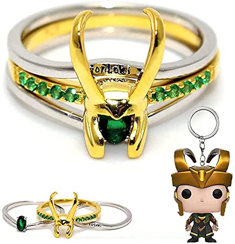 Loki Anillo Thor 3 en uno Thor, casco de superhéroe Thor Loki, 3 unidades, anillos apilables, creativos para hombres y mujeres (Loki 3 en 1 anillo + llavero)