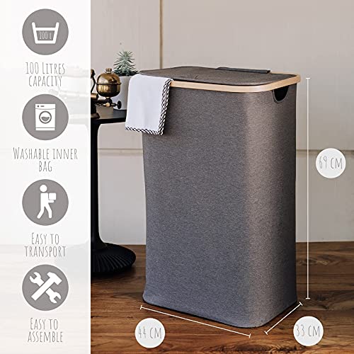 Lonbet - Cesto Ropa Sucia con Tapa Gris - XXL 100 litros - Cubo Ropa Sucia Grande con Asas - Cesto para la Colada - Cesto Ropa Sucia de Bambú