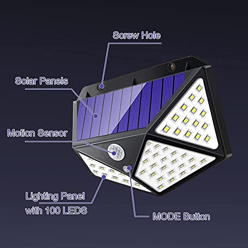 Luz Solar Exterior IOTSES 100LED 2200mAh 3 Modos con Sensor de movimiento 270ºde Cuatro Lados Foco IP65 Impermeable para Jardín, Garaje, Calle, Patio, Terraza etc. (1Unidd)