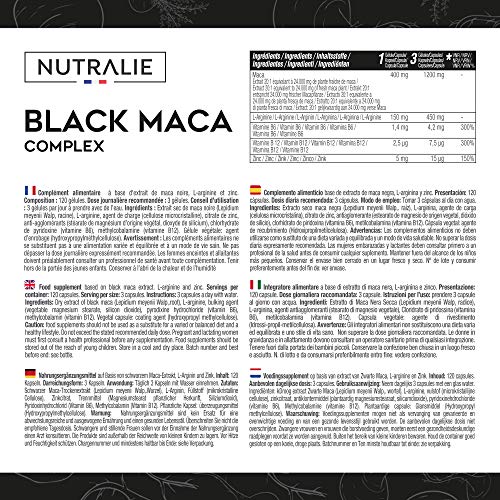 Maca Negra Andina Premio 2021, Alta Dosis 24.000 mg Concentrada 20:1 con L-Arginina, Zinc y Vitaminas b6 b12 | 120 Cápsulas Nutralie