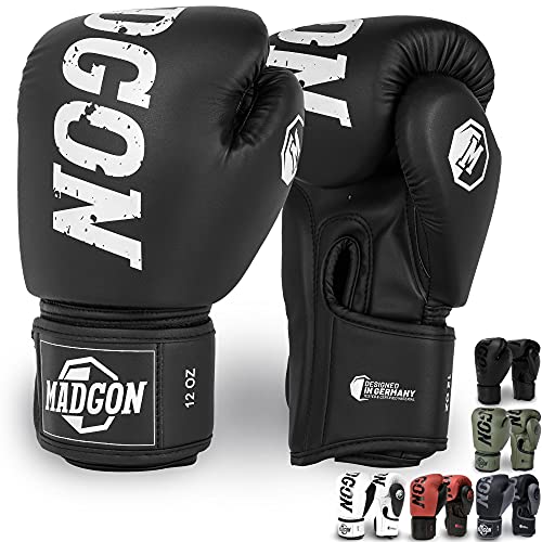 MADGON Guantes de Boxeo Hechos del Mejor Material para Larga Durabilidad – Guantes de Kick Boxing, Guantes de Artes Marciales, Guantes MMA y Sparring - Óptima Absorción de Impactos – Bolsa Incluida