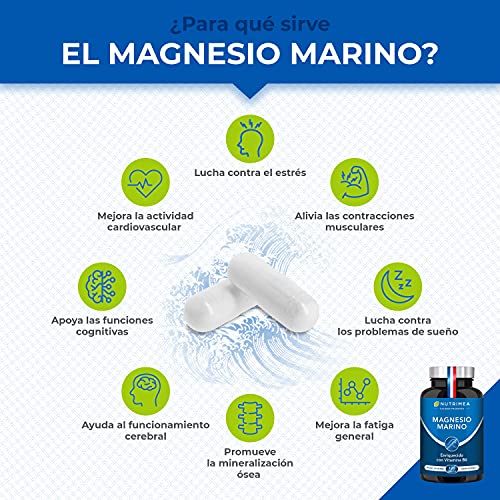 Magnesio Marino con Vitamina B6 | Alivio Calambres Cansancio Fatiga Potente Suplemento Articulaciones Huesos Piel Energía Deportistas | 120 cápsulas Cura de 4 Meses |Hasta 300mg/día