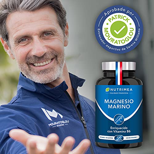 Magnesio Marino con Vitamina B6 | Alivio Calambres Cansancio Fatiga Potente Suplemento Articulaciones Huesos Piel Energía Deportistas | 120 cápsulas Cura de 4 Meses |Hasta 300mg/día