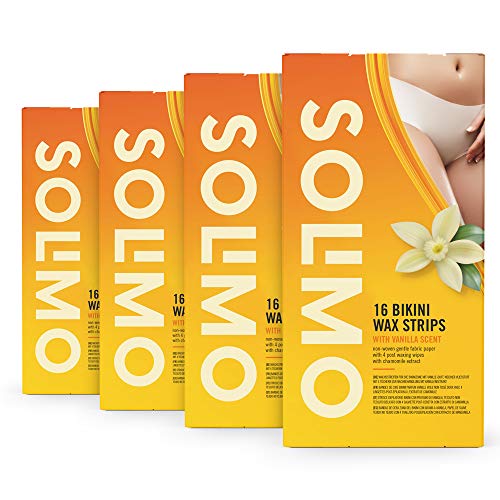 Marca Amazon - Solimo - Bandas de cera zona del bikini con aroma de vainilla (4x16 bandas de cera)