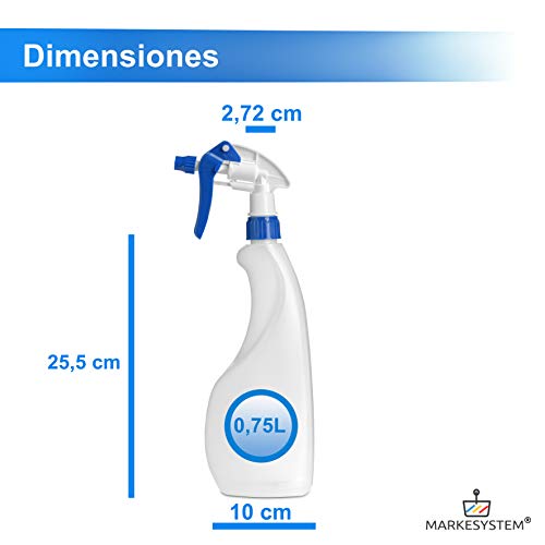 MARKESYSTEM - Botella pulverizador vacía de plástico 750ml (5 Botellas) Traslúcida y reciclable HPDE - Hogar y Profesional - Pistola para Productos químicos, líquidos, alcoholes, etc.