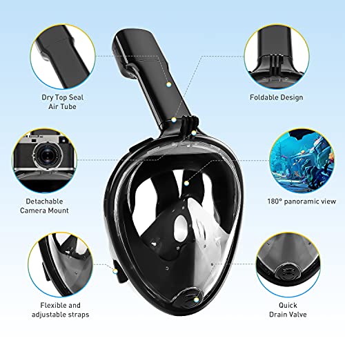 Máscara de Buceo 180 ° Vista panorámica Easybreath Completa Máscara con tecnología Anti-Niebla y Anti-Fugas Esnórquel Integral Plegable Cámara Deportiva Compatible Negro S/M