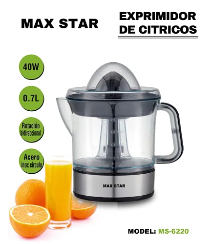 Max Star Exprimidor Eléctrico de Naranja con Deposito, Recipiente Extraíble, Acero Inoxidable, Capacidad de 700ml, 40W
