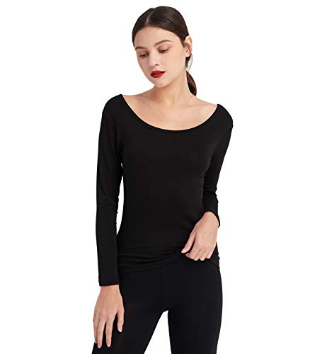 Mcilia Camiseta Interior para Mujer de Capa Térmica Modal de Manga Larga con Cuello Redondo Bajo Negro Large (EU 44 46)