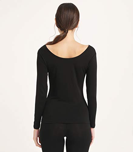 Mcilia Camiseta Interior para Mujer de Capa Térmica Modal de Manga Larga con Cuello Redondo Bajo Negro Large (EU 44 46)