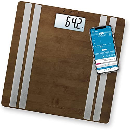 Medisana BS 552 connect báscula digital de bambú para análisis corporal hasta 180 kg, báscula personal para medir la grasa corporal, el agua corporal, báscula de grasa corporal con aplicación, Brown