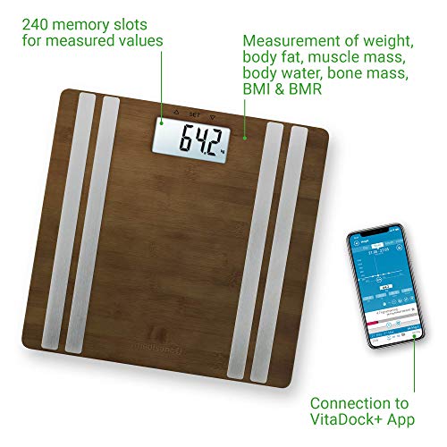 Medisana BS 552 connect báscula digital de bambú para análisis corporal hasta 180 kg, báscula personal para medir la grasa corporal, el agua corporal, báscula de grasa corporal con aplicación, Brown