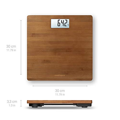 medisana PS 450 balanza de baño digital de bambú de hasta 180 kg, balanza de baño con desconexión automática y pantalla LCD