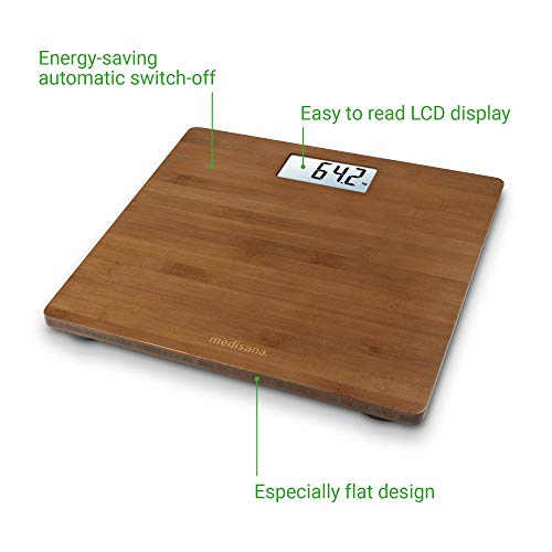 medisana PS 450 balanza de baño digital de bambú de hasta 180 kg, balanza de baño con desconexión automática y pantalla LCD