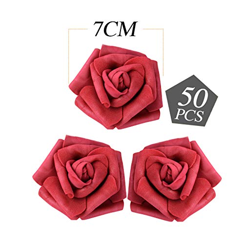 MEJOSER 50pcs Flores Rosas Artificiales en Espuma Cabezas de Rosa 7cm Rosas Falsas Decoración Boda Mesa Fiesta San Valentín Hogar Manualidades Oso Color Burdeos