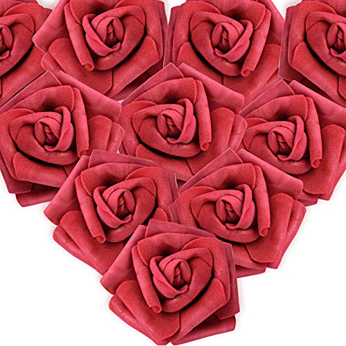 MEJOSER 50pcs Flores Rosas Artificiales en Espuma Cabezas de Rosa 7cm Rosas Falsas Decoración Boda Mesa Fiesta San Valentín Hogar Manualidades Oso Color Burdeos