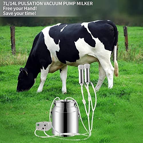 MFFANA Ordeñadora Eléctrica para Cabras, Bomba De Vacío De Impulsos Reforzada, Parada Automática De Ordeño, Cubeta De Leche De Acero Inoxidable, con Cepillos Tubulares (Color : Cattle, Size : 7L)