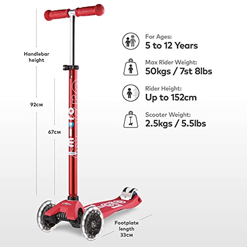 Micro® Maxi Deluxe LED, Patinete 3 Ruedas LED, 5-12 Años, Peso 2,5kg, Carga Máx 70Kg, Altura 67-91 cm, Plataforma Antideslizante Polipropileno (Flexible, Alta Resistencia) (Rojo)