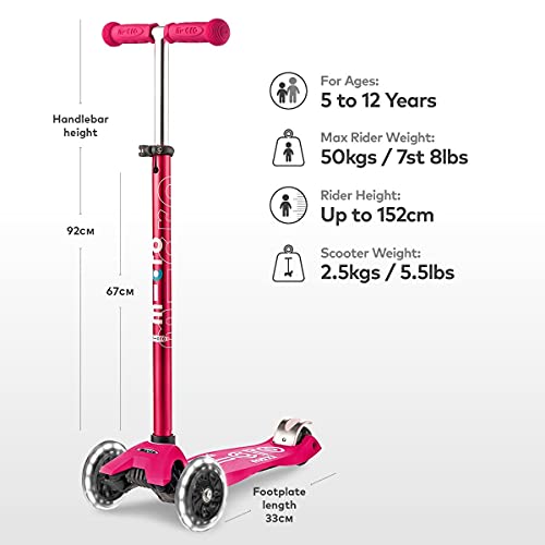 Micro® Maxi Deluxe LED, Patinete 3 Ruedas LED, 5-12 Años, Peso 2,5kg, Carga Máx 70Kg, Altura 67-91 cm, Plataforma Antideslizante Polipropileno (Flexible, Alta Resistencia) (Rosa)