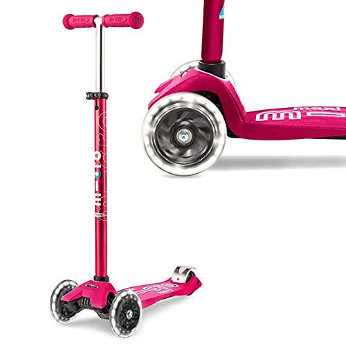 Micro® Maxi Deluxe LED, Patinete 3 Ruedas LED, 5-12 Años, Peso 2,5kg, Carga Máx 70Kg, Altura 67-91 cm, Plataforma Antideslizante Polipropileno (Flexible, Alta Resistencia) (Rosa)