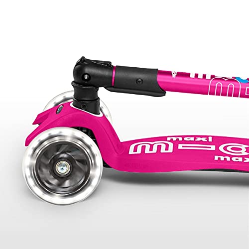 Micro® Maxi Deluxe Plegable LED, Patinete 3 Ruedas, 5-12 Años, Peso 2,5kg, Carga Máx 70Kg, Altura 67-91 cm, Plataforma Antideslizante Polipropileno (Flexible, Alta Resistencia) (Rosa)