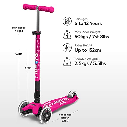 Micro® Maxi Deluxe Plegable LED, Patinete 3 Ruedas, 5-12 Años, Peso 2,5kg, Carga Máx 70Kg, Altura 67-91 cm, Plataforma Antideslizante Polipropileno (Flexible, Alta Resistencia) (Rosa)