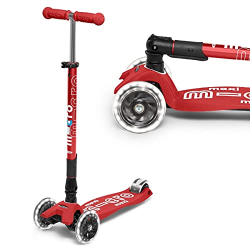 Micro® Maxi Deluxe Plegable LED, Patinete 3 Ruedas, 5-12 Años, Peso 2,5kg, Carga Máx 70Kg, Altura 67-91 cm, Plataforma Antideslizante Polipropileno (Flexible, Alta Resistencia) (Rojo)