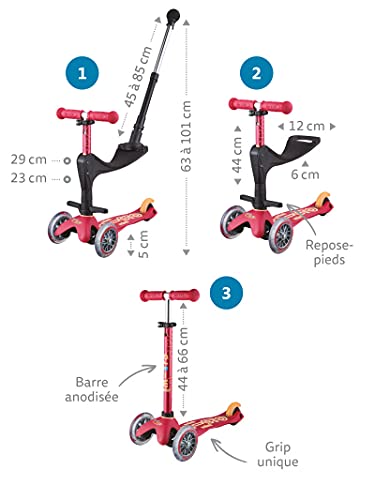 Micro® Mini 3en1 Deluxe Plus. El Original. Patinete evolutivo 3 Ruedas, 1-5 años, Manillar Regulable 48-68cm, Asiento + Reposapiés + Bastón de Empuje (Azul Hielo)