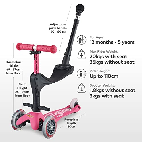 Micro® Mini 3en1 Deluxe Plus. El Original. Patinete evolutivo 3 Ruedas, 1-5 años, Manillar Regulable 48-68cm, Asiento + Reposapiés + Bastón de Empuje (Rosa)