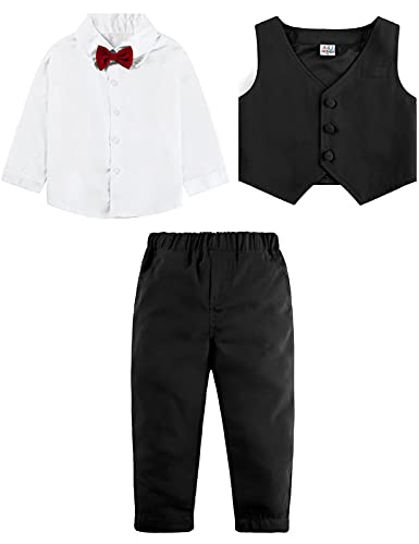 mintgreen Trajes para Niños de Boda, 3 Piezas Bebé Bautizo Atuendo Cumpleaños Hidalgo Conjunto de Ropa Mangas Largas Camisa + Chaleco + Pantalón + Pajarita, Negro Sólido, 2-3 años