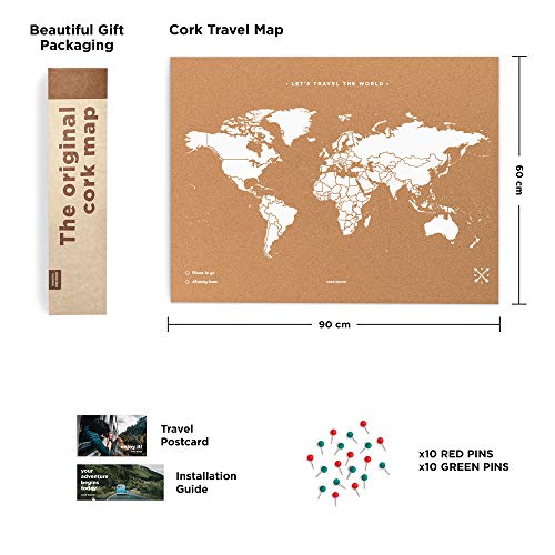 Miss Wood Map XL - Mapa del mundo de corcho, 60 x 90 cm, Blanco