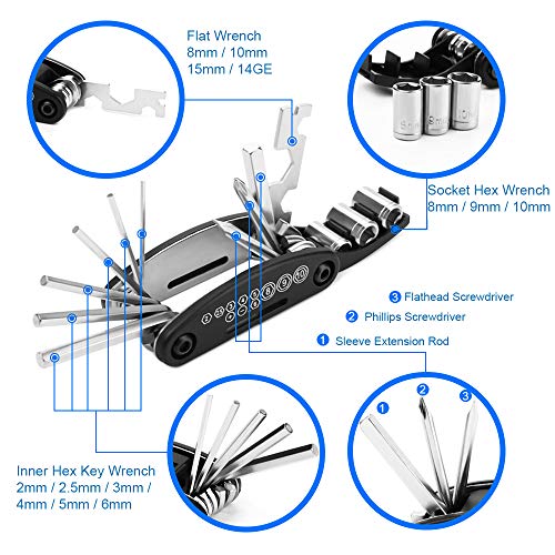 MMOBIEL 16 en 1 Kit Multifunción Portátil de Herramientas para Reparación Bicicletas (Color: Negro)