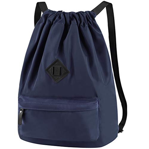 Mochila Cuerda Mujer Bolsa Hombre - Mochilas de Tela Cuerdas Bolso con Cordon Deporte Talega Saco para Playa Gimnasio Deportiva Yoga Adulto Unisex Grande Gymsack con Bolsillo (Azul Marino)