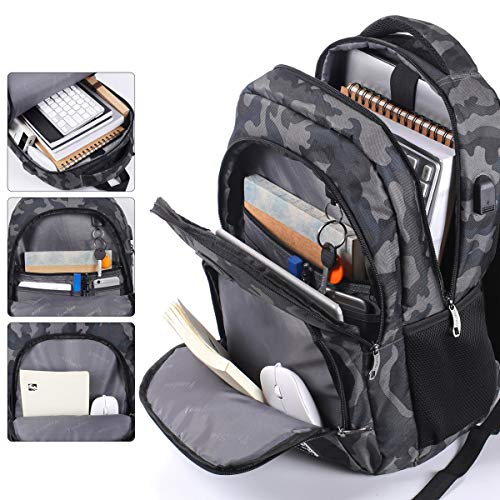 Mochila Hombre Mochila Portatil con USB Puerto para Escolar Negocio- 35L (15.6 Pulgada, B6-Camuflaje Negro)