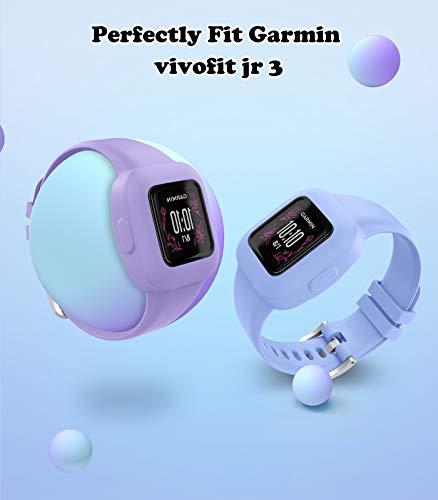 MoKo 3 PZS Correa de Reloj para Garmin Vivofit JR 3，Pulsera de Repuesto de Silicona Suave para Niños, Verde + Púrpura + Azul Margarita