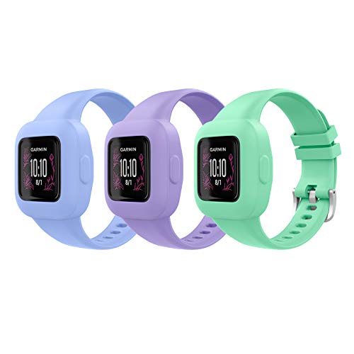 MoKo 3 PZS Correa de Reloj para Garmin Vivofit JR 3，Pulsera de Repuesto de Silicona Suave para Niños, Verde + Púrpura + Azul Margarita