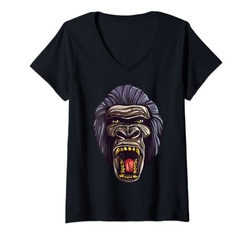 Mujer Mono gorila ruge malvados monos dientes afilados Camiseta Cuello V