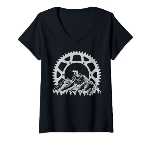 Mujer Mountain Biking Gear Retro Vintage MTB Bicycle Bike Rider Camiseta Cuello V