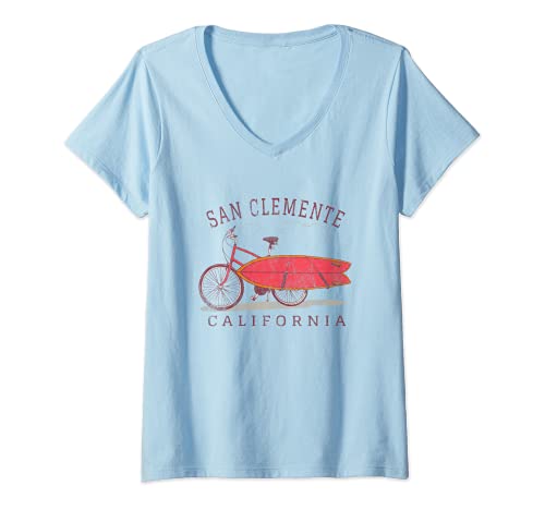 Mujer San Clemente California Surfing Fan Surfboard Bicicleta Art Camiseta Cuello V