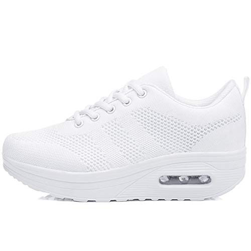 Mujer Zapatillas de Deporte Malla Air Cuña Cómodos Sneakers Mujer Casual Running Senderismo Ligero Mesh Zapatillas blanco 37 EU