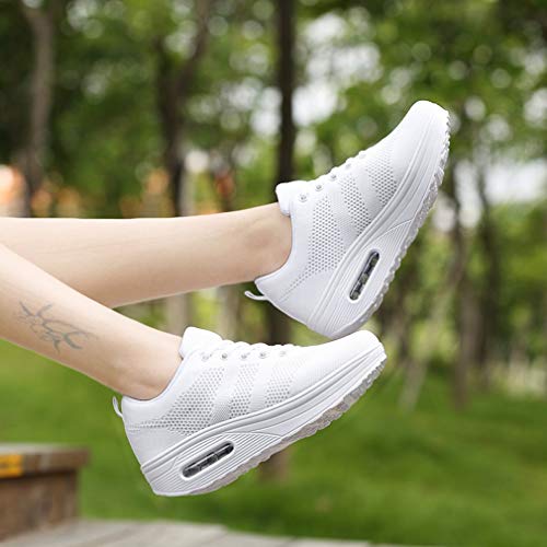 Mujer Zapatillas de Deporte Malla Air Cuña Cómodos Sneakers Mujer Casual Running Senderismo Ligero Mesh Zapatillas blanco 37 EU