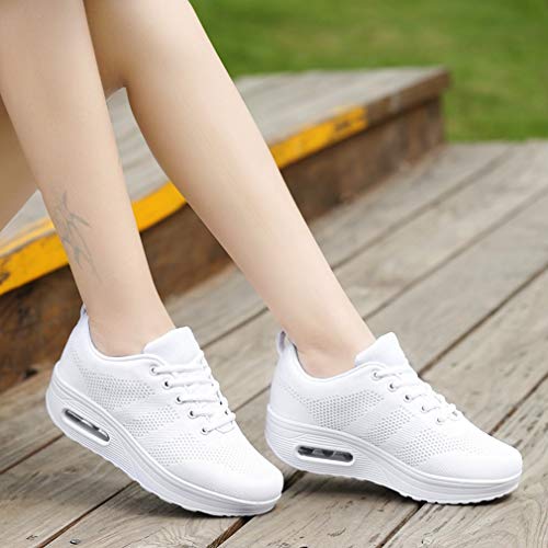 Mujer Zapatillas de Deporte Malla Air Cuña Cómodos Sneakers Mujer Casual Running Senderismo Ligero Mesh Zapatillas blanco 37 EU