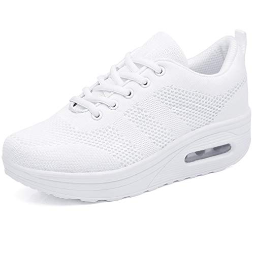 Mujer Zapatillas de Deporte Malla Air Cuña Cómodos Sneakers Mujer Casual Running Senderismo Ligero Mesh Zapatillas blanco 37 EU