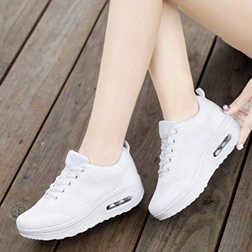 Mujer Zapatillas de Deporte Malla Air Cuña Cómodos Sneakers Mujer Casual Running Senderismo Ligero Mesh Zapatillas blanco 37 EU