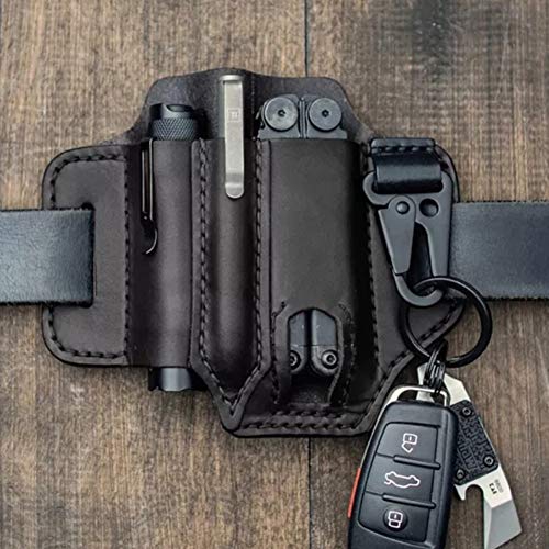 Multiherramienta EDC Funda de Cuero, Funda de cuero para Leatherman Multitool Funda EDC Organizador de bolsillo con soporte para llave para cinturón y linterna Funda Multitool Bolsa, Negro