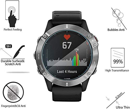 MWOOT Compatible con Garmin Fenix 6 Protectores Cristal Templado [4 Unidades] y Funda Silicona [2 Unidades], 9H Dureza Resistente a Arañazo Protector Pantalla para Proteccion